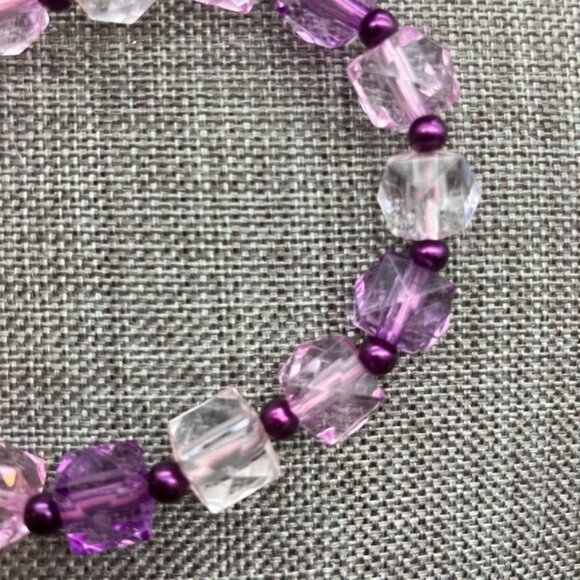 Cube Beaded Stretch Bracelet Faceted Pink Purple Translucent Geometric Retro Mod - Picture 4 of 5